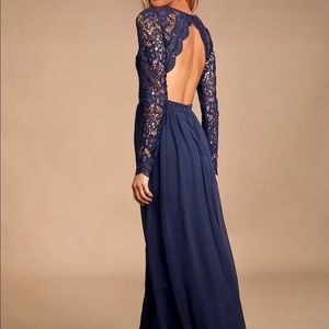 Lulus Navy Blue Long Sleeve Lace Maxi Dress